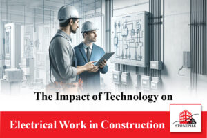 Two electrical professionals evaluating advanced circuit diagrams on a digital tablet at a modern construction site