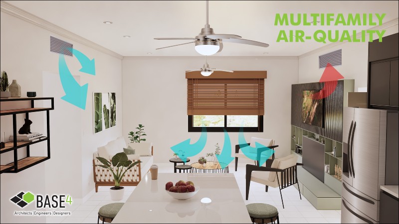 Illustration of indoor air circulation in a multifamily living space highlighting air quality control.